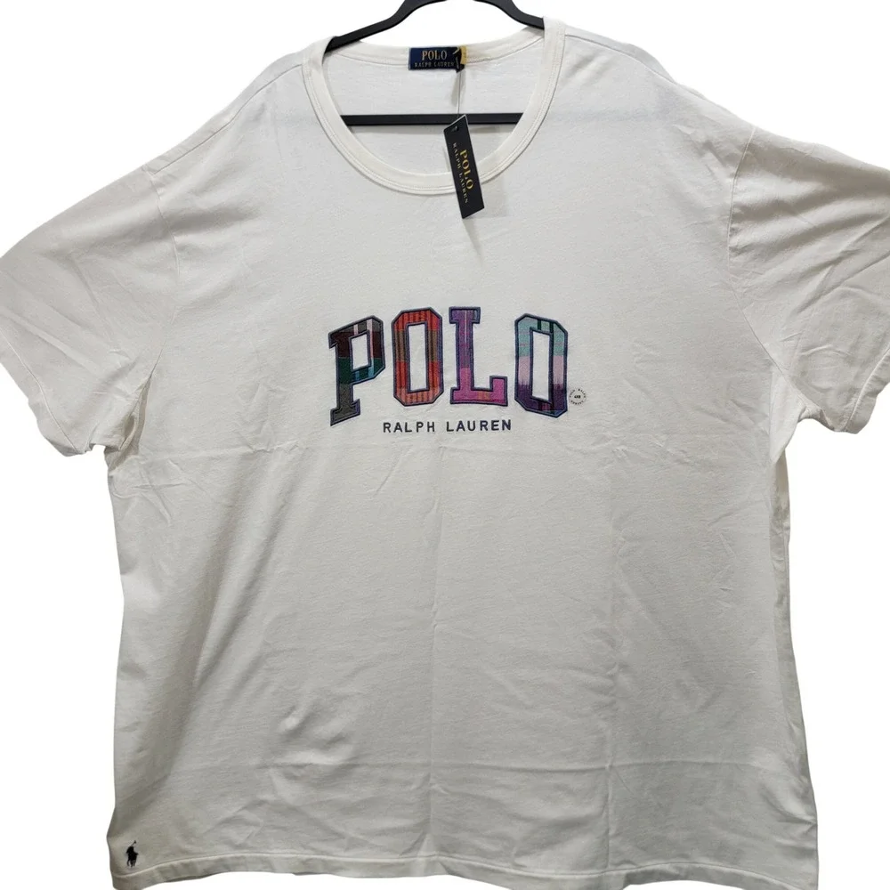 Polo Ralph Lauren Mens 4XB White Plaid Patchwork Logo Embroidered T-Shirt‎ NWT